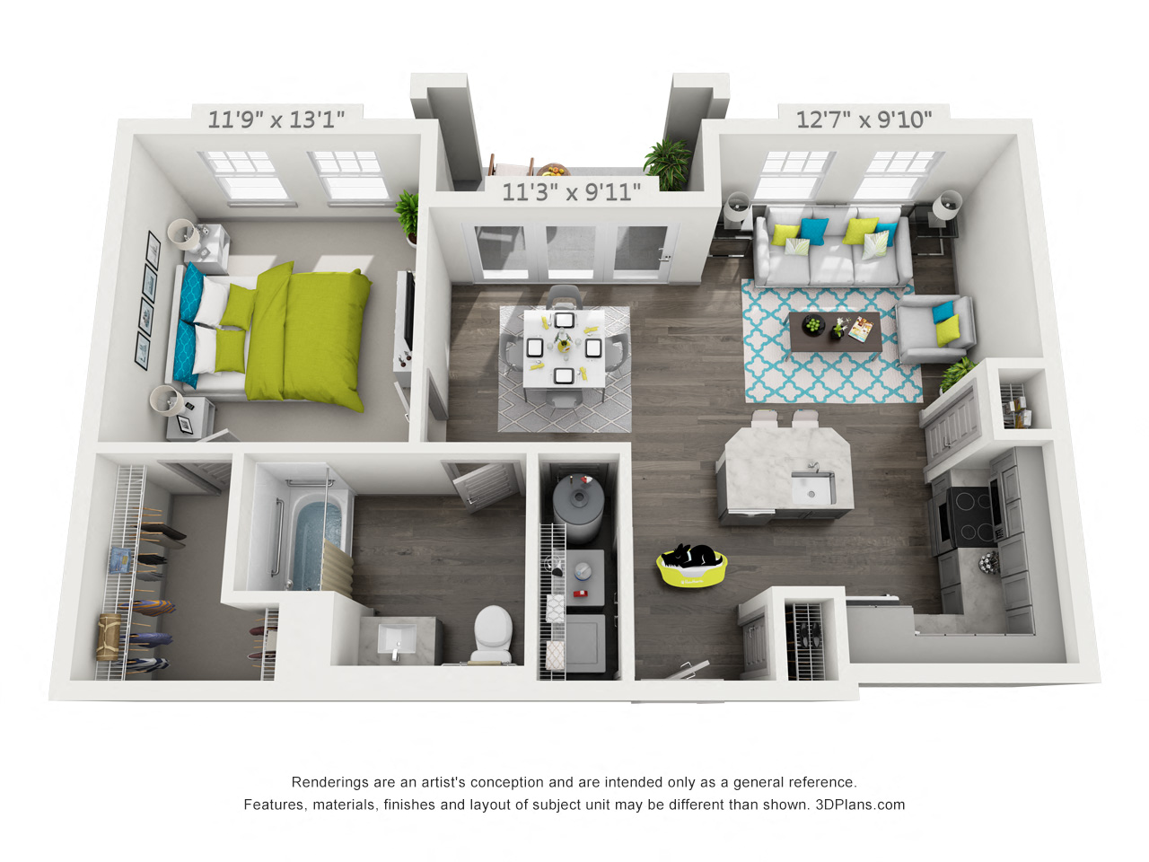 Floor plan for 1 bed, 1 bath, 750 sqft
